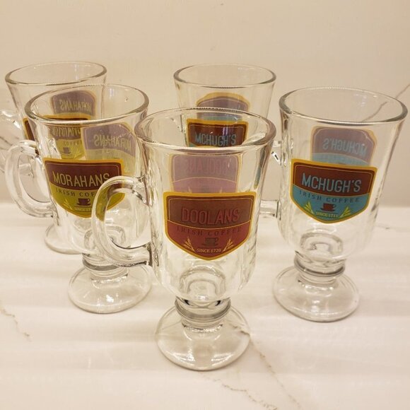 SET of 5 Irish Coffee Clear Glasses with logo Handle 2" Stem - Picture 2 of 14